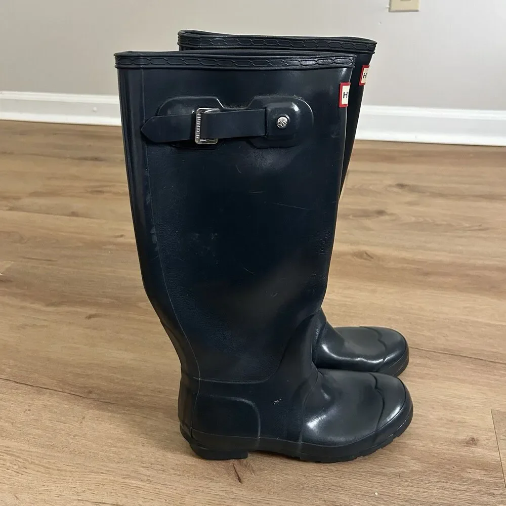 Hunter Original Tall Gloss Navy Blue Rain Wellington Boots Women's Size 6